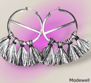Madewell Silvertone tassel hoop earrings Boho Statement  euc